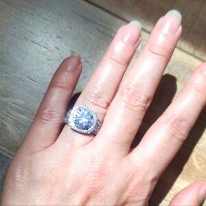 New Double Halo Cubic Zirconia Ring With Diamonds All Along Band Sz 7